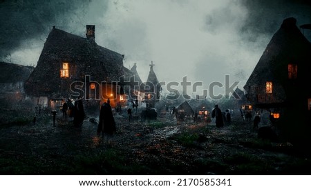Hunted Village dark and foggy, dark village with heavy fog Halloween concept design, horror scary atmosphere of medieval style village during the black plague death  3d rendering Stockfoto © 