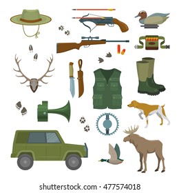 hunter set with car, weapon and bandolier and hunter equipment and accessories. Isolated illustration