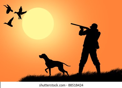 Hunting Dog With Hunter In The Background