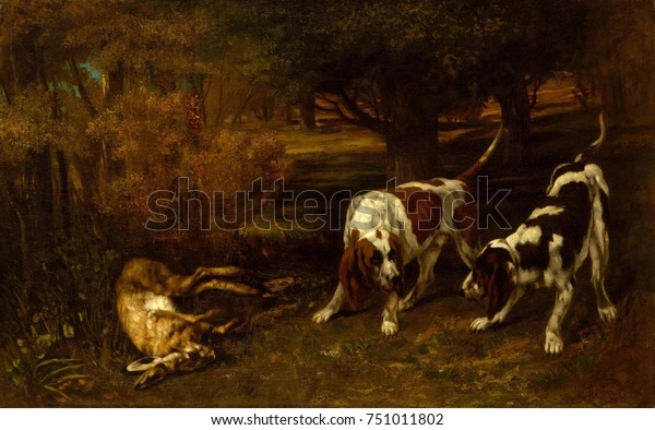 HUNTING DOGS WITH DEAD HARE, by Gustave Courbet, 1857, French painting, oil on canvas. Courbet painted the popular subjects of animals and hunting scenes, which were well received by critics and custo