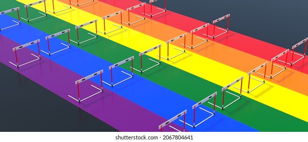 Hurdles On Gay Pride Flag Background. Sport Race, Obstacles And Difficulties For LGBT Community Concept. 3d Illustration