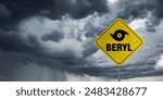 Hurricane Beryl banner with storm clouds background. Hurricane alert.