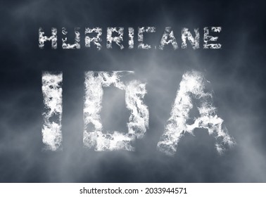 Hurricane Ida. Scary warning poster. Natural disaster illustration. Inscription of white cloudy letters on a background of a dark cloudy sky. 3d visualization. 3d render