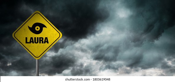 Hurricane Laura banner with storm clouds background.	