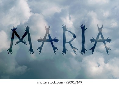 Hurricane MARIA. Inscription On Stormy Sky Background. Tropical Cyclone Name Of Caribbean Sea, Gulf Of Mexico And The North Atlantic.

