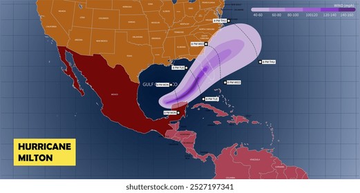 Hurricane Milton expected wind path way and speed statistic. Hurricane Milton approaching the Gulf of Mexico, Florida.
