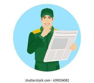 Hush Hush. Worker With Newspaper Showing Hush-hush Sign. Portrait Of Delivery Man Or Worker In A Flat Style. Raster Illustration.