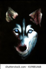 Husky Original Oil Painting On Black Velvet, Dog With Blue Eyes Impressionism