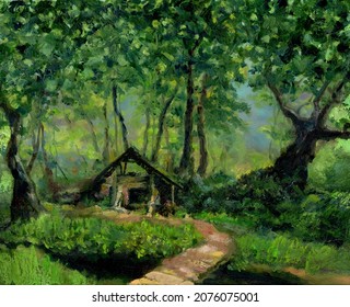 A hut in a deep forest. The road in the forest across the stream. Oil painting.