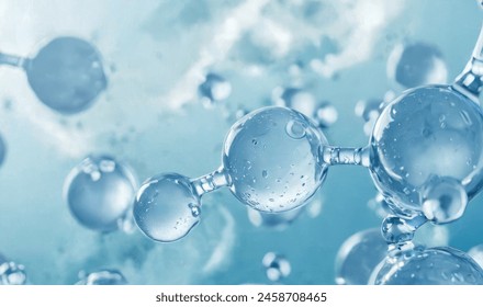 Hyaluronic acid molecules. Hydrated chemicals, molecular structure and blue spherical molecule. Microscope h2o water molecules, blue cosmetic advertising background. 3d rendering - Powered by Shutterstock