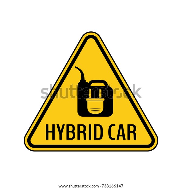 Hybrid car caution sticker. Save energy\
automobile warning sign. Electric plug on fuel canister icon in\
yellow and black triangle to a vehicle\
glass.