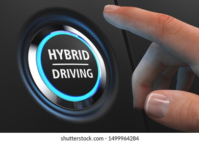 Hybrid Driving - blue illuminated push button (3D Rendering)