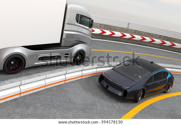 Hybrid\
electric truck and white electric car on\
highway