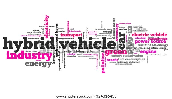 Hybrid vehicle\
- transportation issues and concepts tag cloud illustration. Word\
cloud collage\
concept.