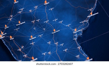 Hyderabad map big data visualization. Futuristic map infographic of city in India. Visual map data complexity in modern blue and orange colors. 3D Illustration