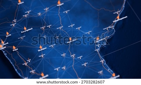 Hyderabad map big data visualization. Futuristic map infographic of city in India. Visual map data complexity in modern blue and orange colors. 3D Illustration