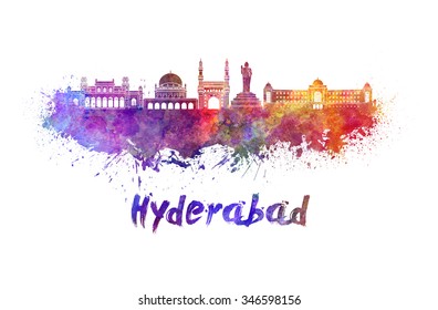 Hyderabad skyline in watercolor splatters with clipping path