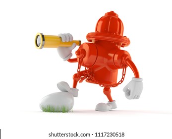 Hydrant character looking through a telescope isolated on white background. 3d illustration