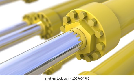 Hydraulic piston with cylinder and nuts - 3D rendering