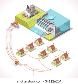 Hydroelectric Power Plant Factory Electric. Water Power Station Dam Electricity Grid And Energy Supply Chain. Energy Harvesting And Energy Saving Management Diagram 3d Illustration Isometric Building