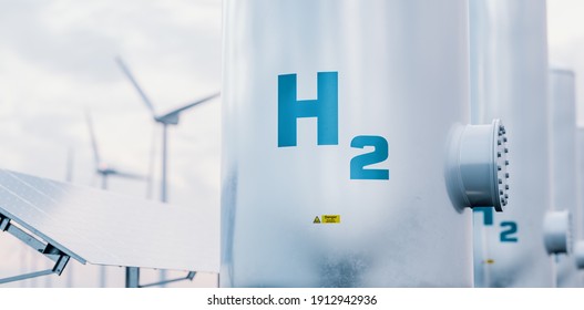 Hydrogen energy storage gas tank with solar panels and wind turbine in background. 3d rendering.