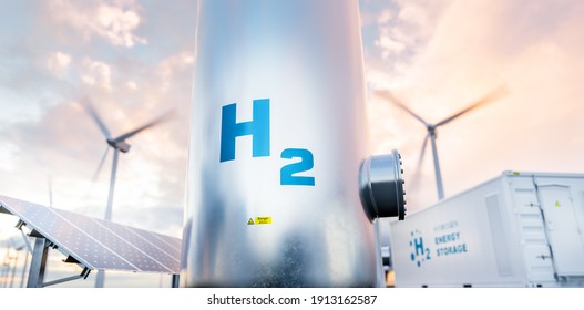 Hydrogen Energy Storage Gas Tank With Solar Panels, Wind Turbine And Energy Storage Container Unit In Background. 3d Rendering.