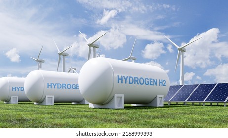 Hydrogen Energy Storage Gas Tank For Clean Electricity Solar And Wind Turbine Facility.3d Rendering