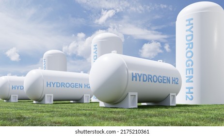 Hydrogen Energy Storage Gas Tank In Meadow Environment.3d Rendering