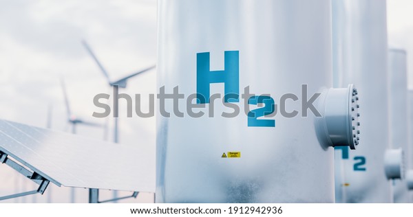 Hydrogen energy storage gas\
tank with solar panels and wind turbine in background. 3d\
rendering.