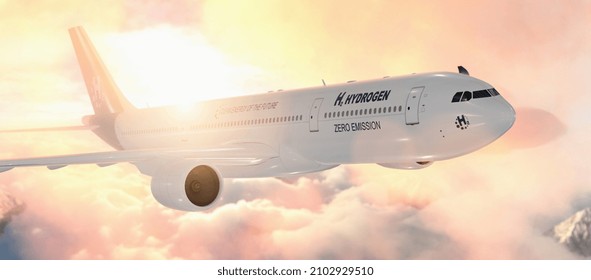 Hydrogen Filled H2 Airplane  Flying In The Sky At Sunset - Future H2 Zero Emission Energy Concept. 3D-Rendering