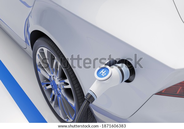 Hydrogen fuel car charging station white\
color visual concept design. 3d\
Illustration