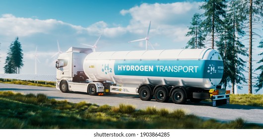 Hydrogen Gas Transportation Concept. Truck With Gas Tank Trailer In Fresh Nature With Solar Panel And Wind Turbine In Background. 3d Rendering.