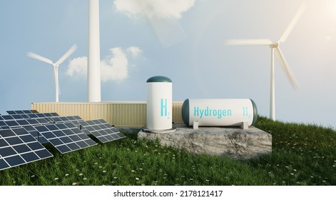 Hydrogen Generators And Hydrogen Storage Tank On Small Hill With Mill Turbines And Solar Power Panel, 3D Illustration Rendering 
