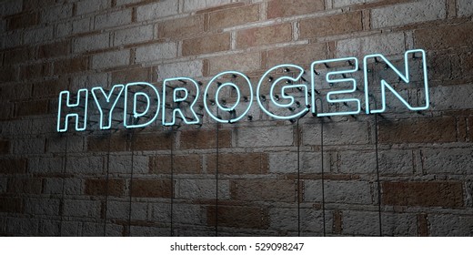 HYDROGEN - Glowing Neon Sign On Stonework Wall - 3D Rendered Royalty Free Stock Illustration.  Can Be Used For Online Banner Ads And Direct Mailers.
