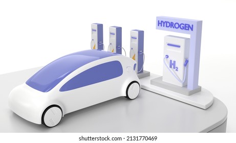 Hydrogen H2 And Electric Charger Station With Future Car. Refueling Service For Hybrid Vehicle With Battery Bank On Fuel Cell, Eco Friendly Transport No Emissions. Concept Of Green Energy, 3d Render