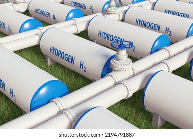 Hydrogen H2  Gas Storage Tanks On Green Grass Field. 3D Illustration Of The Concept Of Renewable, Sustainable And Clean
 Energy Production