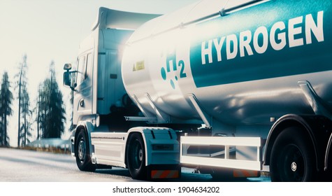 Hydrogen Logistics Concept. Truck With Gas Tank Trailer On The Road Lined With Solar Power Plants. 3d Rendering