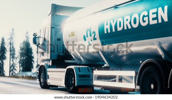 Hydrogen logistics\
concept. Truck with gas tank trailer on the road lined with solar\
power plants. 3d\
rendering