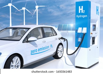 Hydrogen Logo On Gas Stations Fuel Dispenser. H2 Combustion Engine For Emission Free Ecofriendly Transport. 3d Rendering