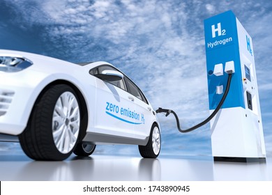 Hydrogen Logo On Gas Stations Fuel Dispenser. H2 Combustion Engine For Emission Free Ecofriendly Transport. 3d Rendering