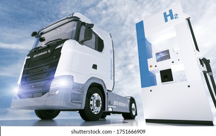 Hydrogen Logo On Gas Stations Fuel Dispenser. H2 Combustion Truck Engine For Emission Free Ecofriendly Transport. 3d Rendering