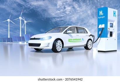 Hydrogen Logo On Gas Stations Fuel Dispenser. H2 Combustion Engine For Emission Free Ecofriendly Transport. 3d Rendering