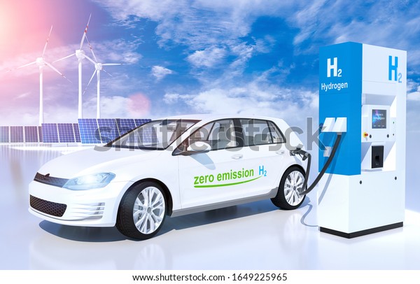 hydrogen logo on gas stations fuel dispenser.\
h2 combustion engine for emission free ecofriendly transport. 3d\
rendering