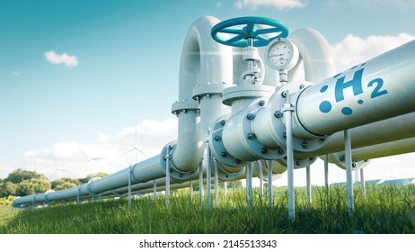 A hydrogen pipeline illustrating the transformation of the energy sector towards to ecology, carbon neutral, secure and independent energy sources to replace natural gas. 3d rendering. - Powered by Shutterstock