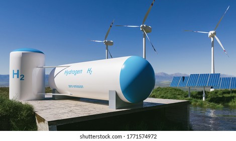 Erzeugung erneuerbarer Energien von Wasserstoff - Wasserstoffgas für umweltfreundliche Strom-Solar- und Windkraftanlagen. 3D-Darstellung.