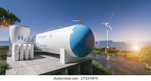 Hydrogen Renewable Energy Production - Hydrogen Gas For Clean Electricity Solar And Windturbine Facility. 3d Rendering.