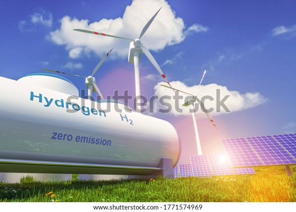 Hydrogen
renewable energy production - hydrogen gas for clean electricity
solar and windturbine facility. 3d
rendering.