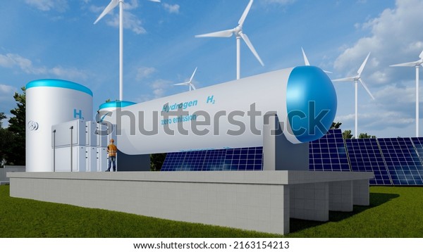 Hydrogen renewable energy\
production - hydrogen gas for clean electricity solar and\
windturbine facility. Zero emission.Futuristic energy sources. 3d\
rendering.