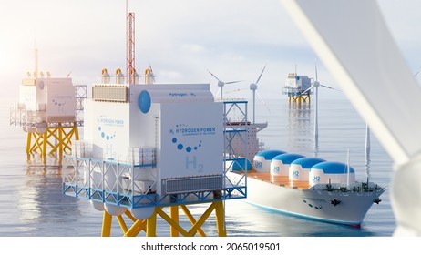 Hydrogen renewable offshore energy production - hydrogen gas for clean electricity solar and windturbine facility. 3d rendering.