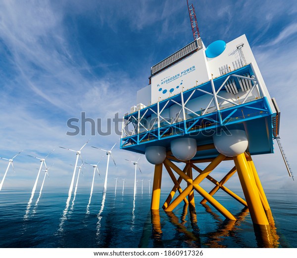 Hydrogen renewable offshore energy production\
- hydrogen h2 gas for clean electricity solar and windturbine\
facility. 3d\
rendering.